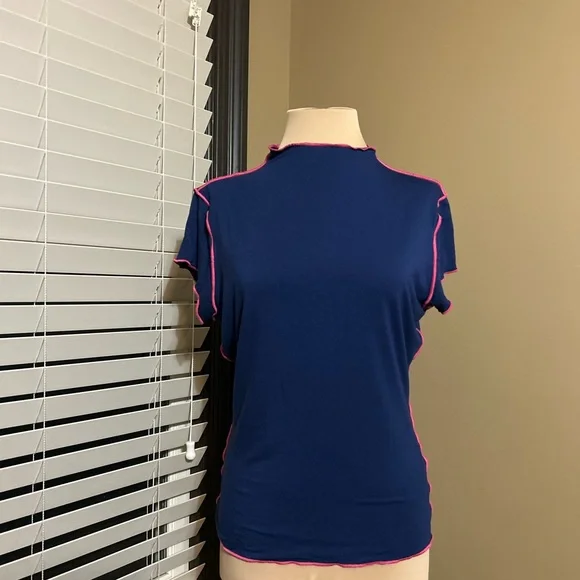 Anthropology Dolan Navy Contrast Pink Trim Tee - Picture 4 of 8